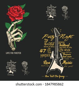 A set of two edgy tattoo style illustration graphic designs for t-shirts or other merchandise. Hand holding rose and Snake with dagger