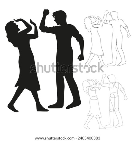 Set of two editable black silhouettes of aggressive man and frightened woman, symbolizing stalking and sexual violence. Domestic violence and sexual harassment. married couple Victim Protection Charit