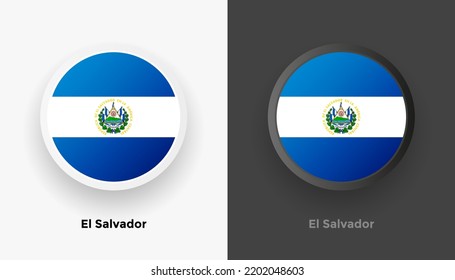 Set von zwei Flaggenknöpfen von El Salvador auf schwarz-weißem Hintergrund. Abstrakte, glänzende, abgerundete Buttons mit Landesflagge