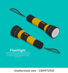 Set Of Two Electric Torches.The Manual Device For Lighting. Flat Style. Isometry.3D. Elements For Design. Vector Illustration.