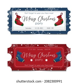 Conjunto de dos elegantes tarjetas de invitación para fiestas navideñas. Entradas con patrones de copos de nieve, recordatorio de fecha, hora y máscara facial. Aislado sobre fondo blanco.