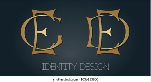 Set of two elegant monograms with golden letters EG and DE on dark background