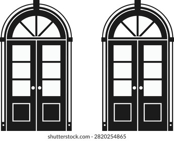 A set of two elegant, symmetrical arched double doors featuring rectangular glass panels and traditional fanlight windows, rendered in a clean vector style.