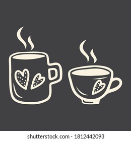 Set of two elements hand drawn cup of coffee and tea isolated on a dark background. Doodle, simple outline illustration. It can be used for decoration of textile, paper.