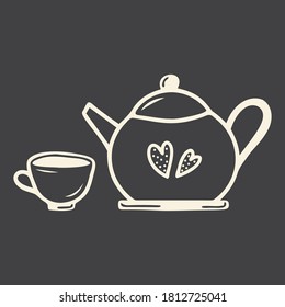 Set of two elements hand drawn teapot and teacups isolated on a dark background. Doodle, simple outline illustration. It can be used for decoration of textile, paper.