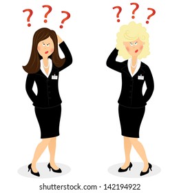 Set of two embarrassed business women with question marks