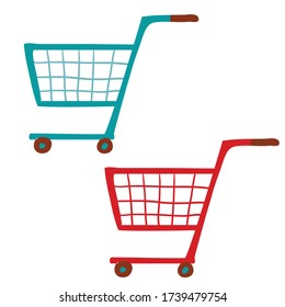 conjunto de dos carros de alimentación vacíos, azul, rojo, objeto aislado sobre un fondo blanco, ilustración vectorial,