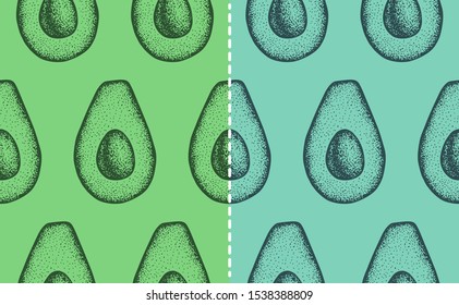 A set of two endless patterns with avocado. Green and blue background. Vector.