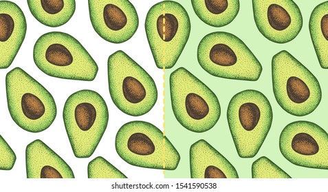 A set of two endless patterns with avocado. Isolated on white+green background. Vector. Cartoon style.