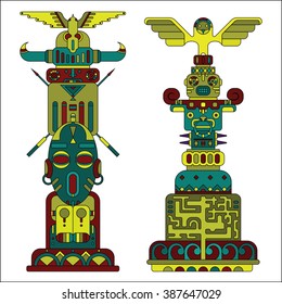 set of two ethnic colored indian totem poles, vector illustration