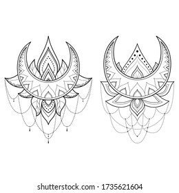 Set of two ethnic mandalas with moon and ornament for greeting card, invitation, Henna drawing and tattoo template. Moon tattoo. Vector illustration