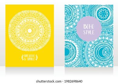set of two ethnic style cards with ornaments and sun symbol, can be used for tattoo salon, light blue and yellow colors, vector illustrations
