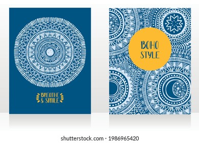 set of two ethnic style cards with ornaments and sun symbol, can be used for tattoo salon, vector illustrations