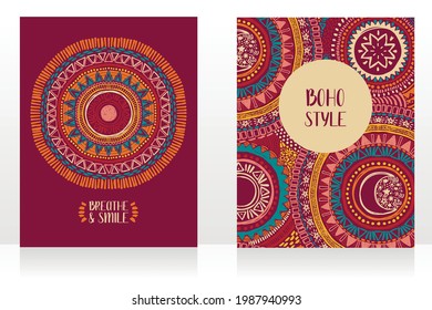 set of two ethnic style cards with ornaments and sun symbol, can be used for tattoo salon, vector illustrations