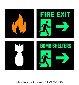 Satz von zwei Evakuierungszeichen - Feuerausgang und Bombenschützen. Die Zeichen zeigen die Richtung der Flucht an.