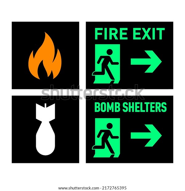 Set of Two Evacuation\
Signs - Fire Exit, and Bomb Shelters. The Signs Show the Direction\
of the Escape