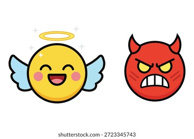 Satz von zwei ausdrucksstarken Emojis, die einen unschuldigen glücklichen Engel mit einem Heiligenschein und einen wütenden roten Teufel mit Hörnern darstellen.
