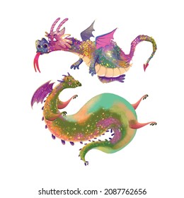 A set of two fairy dragons. Childrens illustration