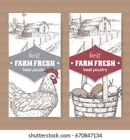 Set of two farm fresh labels with farmhouse, chicken and eggs in wicker basket on white background. Includes hand drawn elements.