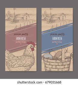 Set of two farm fresh labels with farmhouse, chicken and eggs in wicker basket on cardboard texture. Includes hand drawn elements.
