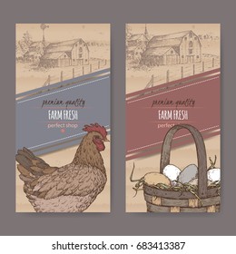 Conjunto de dos etiquetas frescas de granja con granja, pollo a color y huevos en cesta de mimbre sobre textura de cartón. Incluye elementos dibujados a mano.
