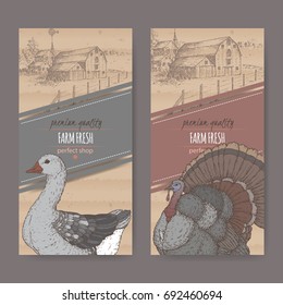 Set of two farm shop color labels with farmhouse, barn, goose and turkey. Placed on cardboard texture. Includes hand drawn elements.