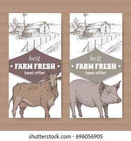 Set of two farm shop labels with farmhouse, barn, cow and pig on white. Includes hand drawn elements.