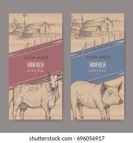 Set of two farm shop labels with farmhouse, barn, cow and pig. Placed on cardboard texture. Includes hand drawn elements.