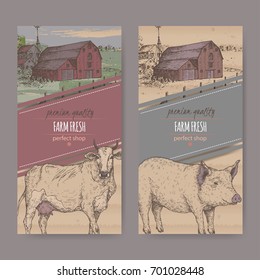 Set of two farm shop labels with color farmhouse, barn, cow and pig. Placed on cardboard texture. Includes hand drawn elements.