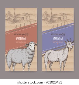 Set of two farm shop labels with farmhouse, barn, sheep and goat. Placed on cardboard texture. Includes hand drawn elements.