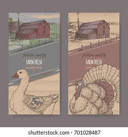 Set of two farm shop labels with color farmhouse, barn, goose and turkey. Placed on cardboard texture. Includes hand drawn elements.