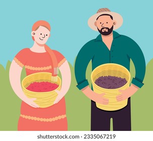 Establecer dos parejas de granjeros. Producción local de alimentos de los agricultores. Ilustración plana. Conjunto de vectores.