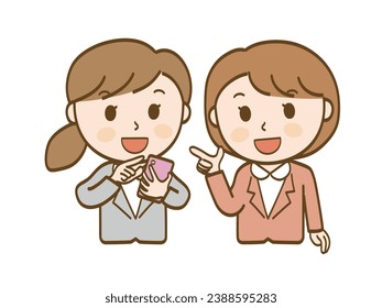 A set of two female office workers in suits who have a lively conversation while looking at their smartphones.