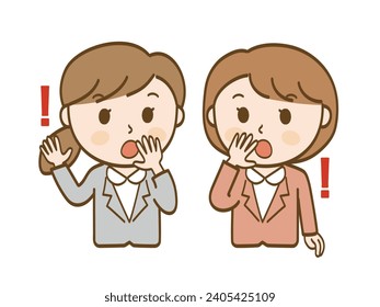 Set of two female office workers covering their mouths in surprise