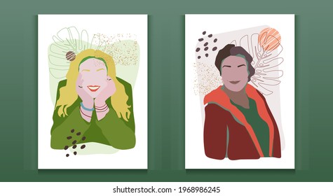 A set of two female portraits of different races. Diverse women. Girls in summer clothes on a background of monstera leaves and abstract shapes.