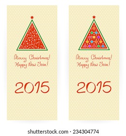 Set of two festive backgrounds in beige colours with stylized Christmas trees and greeting texts