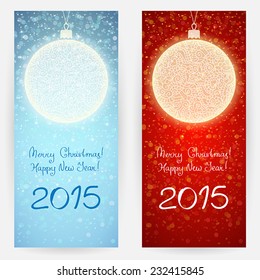 Set of two festive backgrounds in blue and red colours with decorative Christmas balls and greeting texts