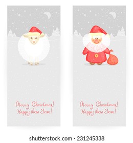 Set of two festive backgrounds in gray colours with New Year's sheep and Ded Moroz, and winter landscape