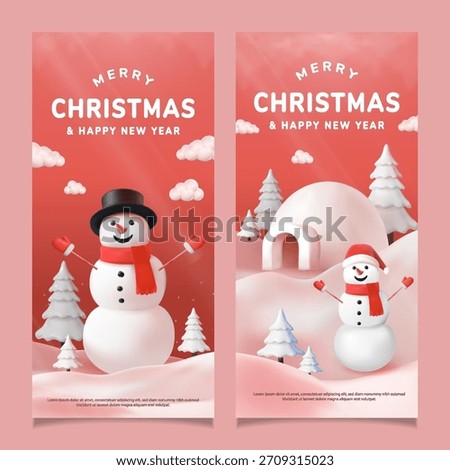 Set Two festive banners featuring a cheerful snowman, red gradient sky, and snowy landscape. Perfect for Christmas greetings, holiday promotions, and family friendly winter campaigns.