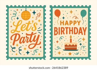 Set of two festive retro-style stamps with Happy Birthday and Let’s Party lettering. Features cake, balloons, confetti, sparkles, and disco ball in flat vintage colors. Perfect for invitations and car