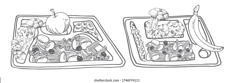 Set of two filled food trays with dinner. Pasta, cabbage and fruits. Hand drawn outline black and white vector sketch illustration