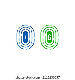 Set of two fingerprint icons withkey hole and lock. Isolated on white background. Vector illustration, eps 10.