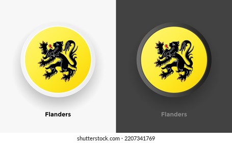 Set of two Flanders flag buttons in black and white background. Abstract shiny metallic rounded buttons with national country flag