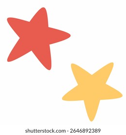 A set of two flat, hand drawn autumn stars in red and yellow. Ideal for seasonal decorations, cute fall-themed illustrations, kids' designs, and warm festive compositions.