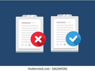 Set of two flat icons of form, page, blank, summary with blue approved and rejected symbols. Vector isolated illustration.