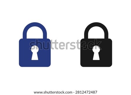 A set of two flat padlock icons featuring a blue and a black version with a white keyhole silhouette representing safety and data encryption