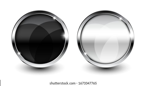 Set of two flat round backgrounds with silver frames and an overlapping circle design, black and white. Vector illustration