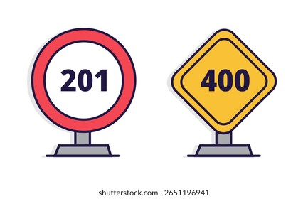 Um conjunto de dois ícones vetoriais planos que representam sinais de estrada com números. Um é um sinal vermelho circular com "201", e o outro é um sinal de diamante amarelo com "400". Ideal para marcadores de rota, sinais de estrada