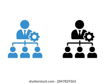 Set of two flat vector icons representing corporate hierarchy and management structure with a gear symbol indicating settings or technical administration