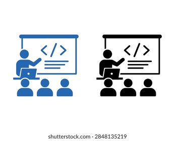 A set of two flat vector icons depicting a coding instructor teaching software development concepts to a group of students in a classroom setting